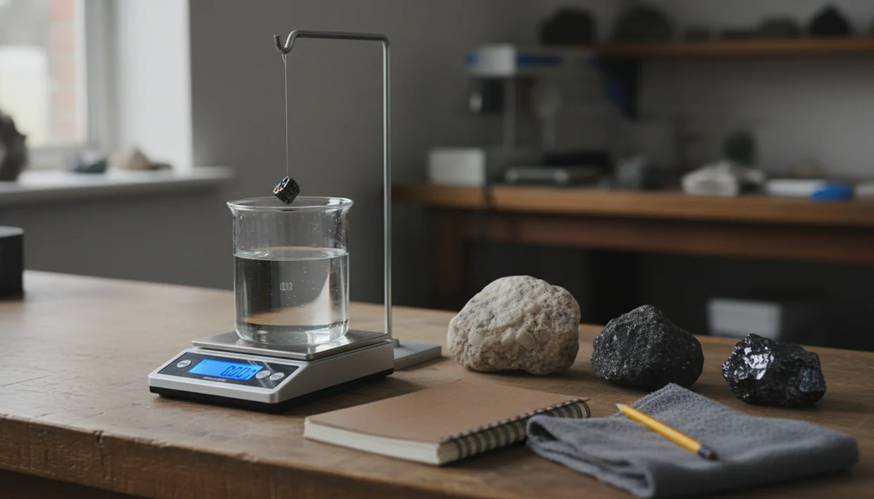 A tabletop specific gravity test setup with rocks, water, and a scale for comparing mineral density.