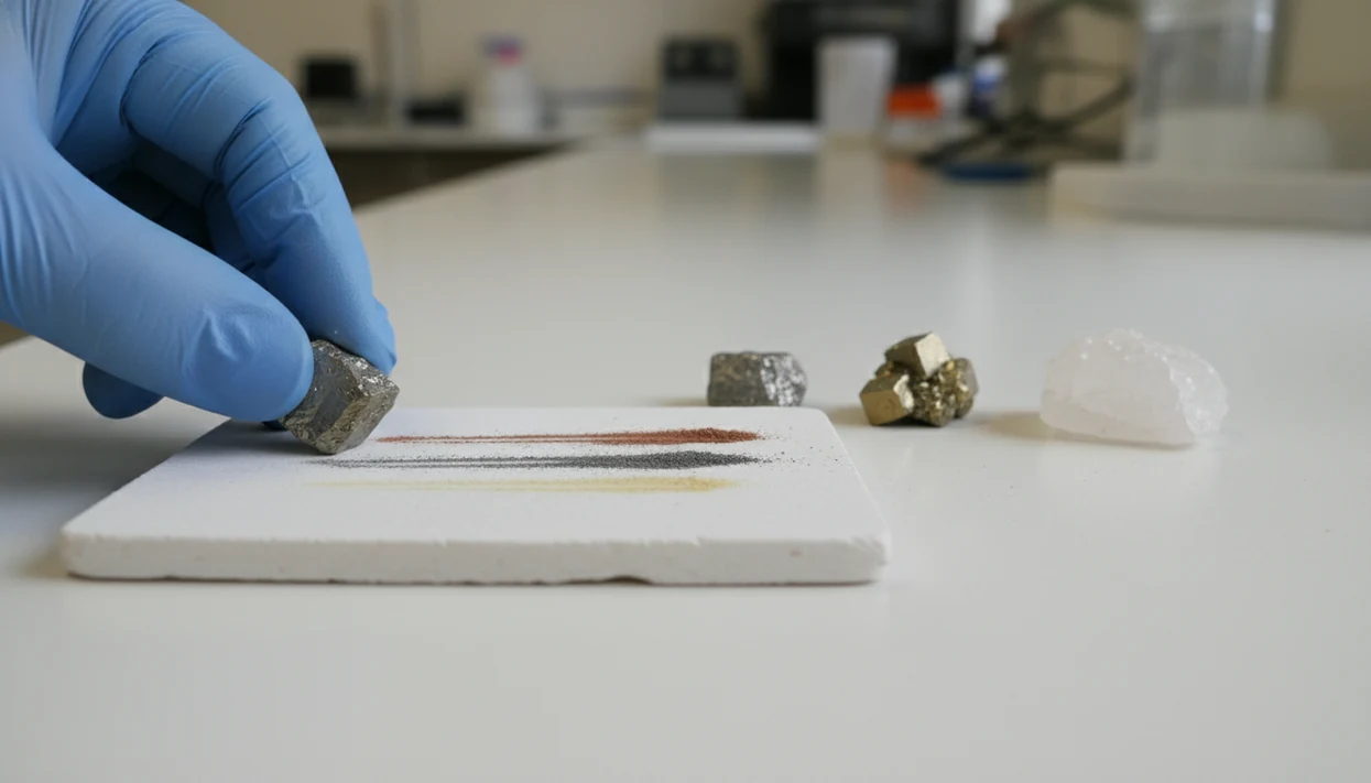 A gloved hand tests mineral specimens on a white porcelain streak plate with colored powder marks.
