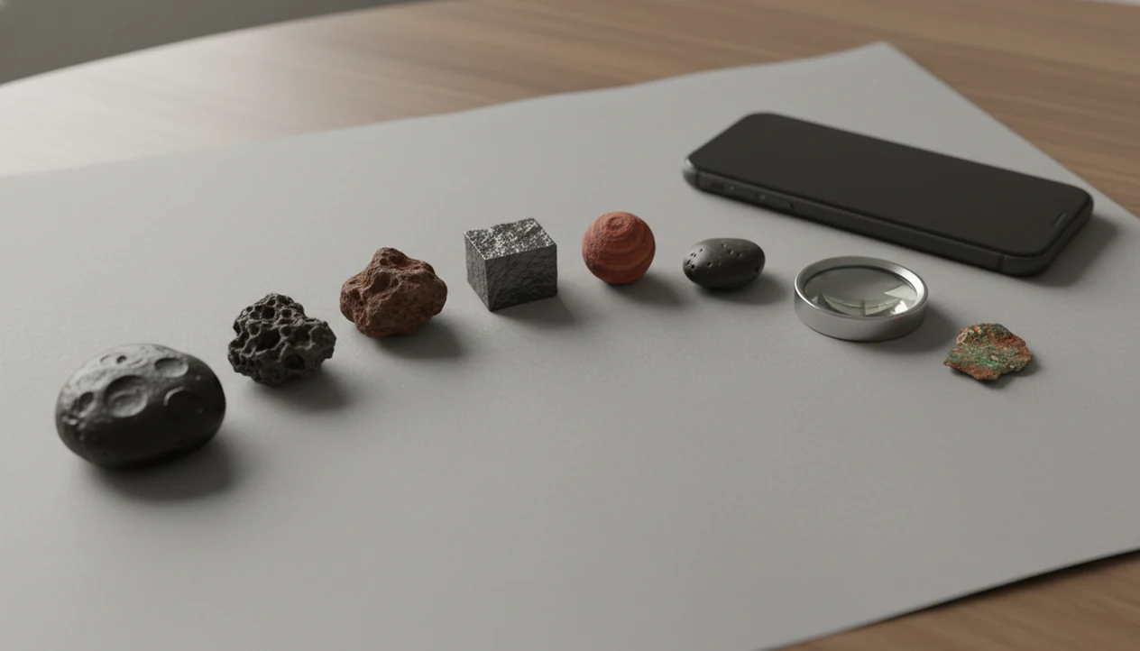 A tabletop comparison of dark meteorite-like stones, slag, ironstone, basalt, and tools for photo screening.
