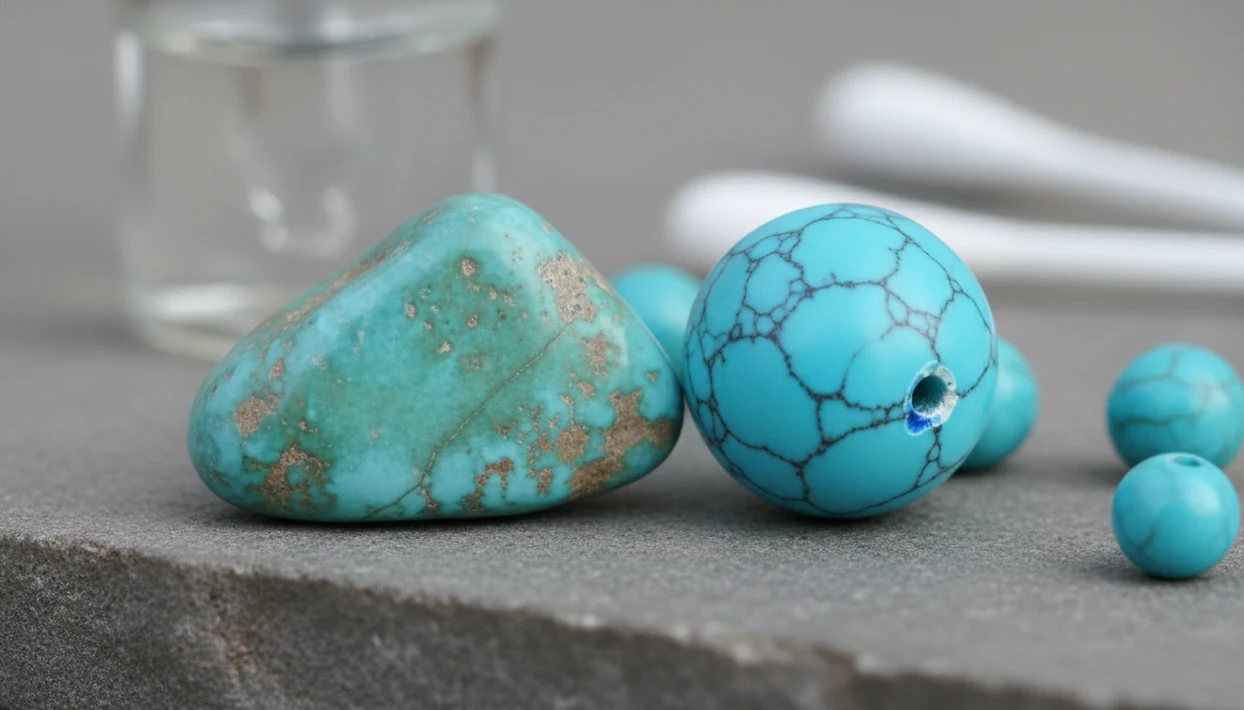 Side-by-side turquoise and dyed howlite lookalikes showing matrix, veining, dye pooling, and surface clues.