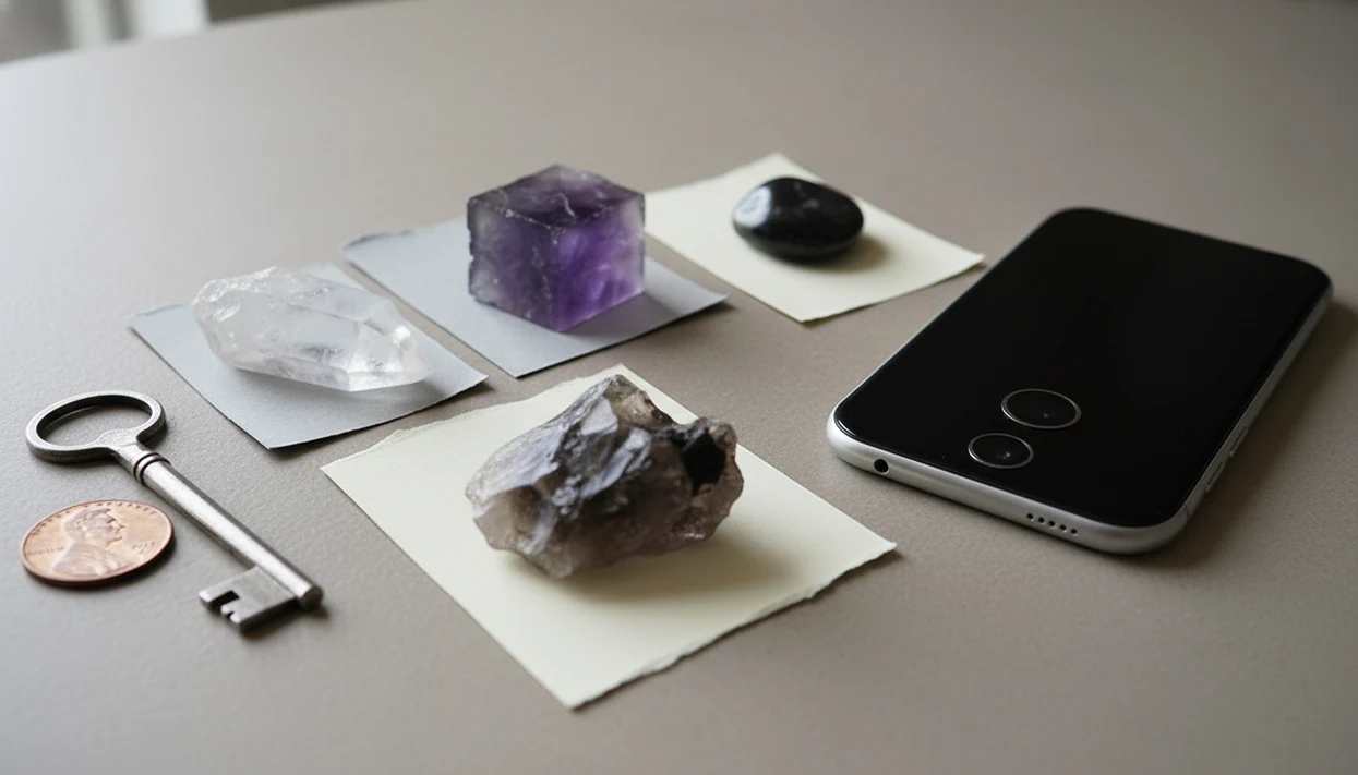 Crystals arranged on a plain tabletop with scale objects and a phone ready for photo identification.