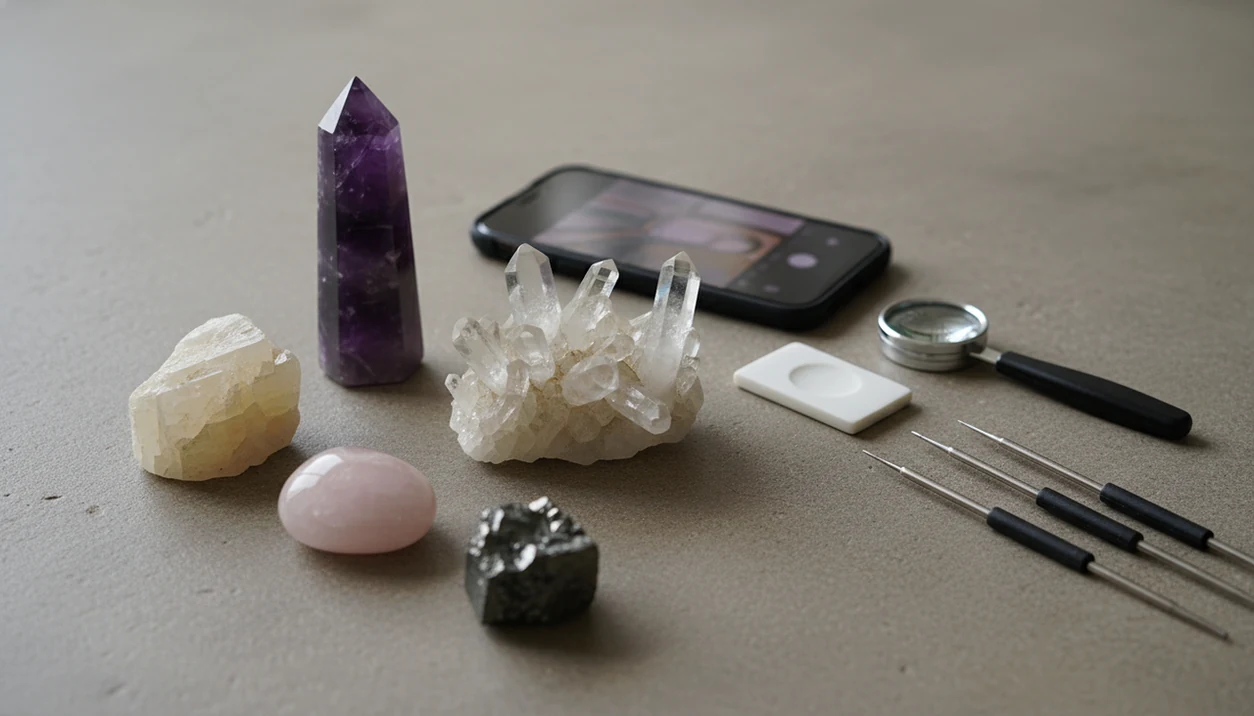 Crystals, a phone camera, and mineral testing tools arranged for photo-based identification.