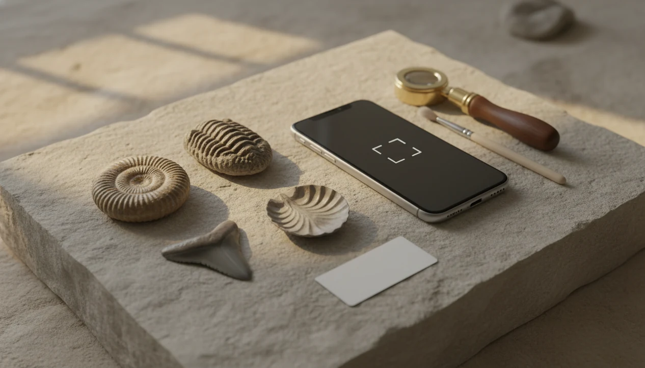 A phone, hand lens, and several fossil specimens arranged for photo identification on a stone work surface.