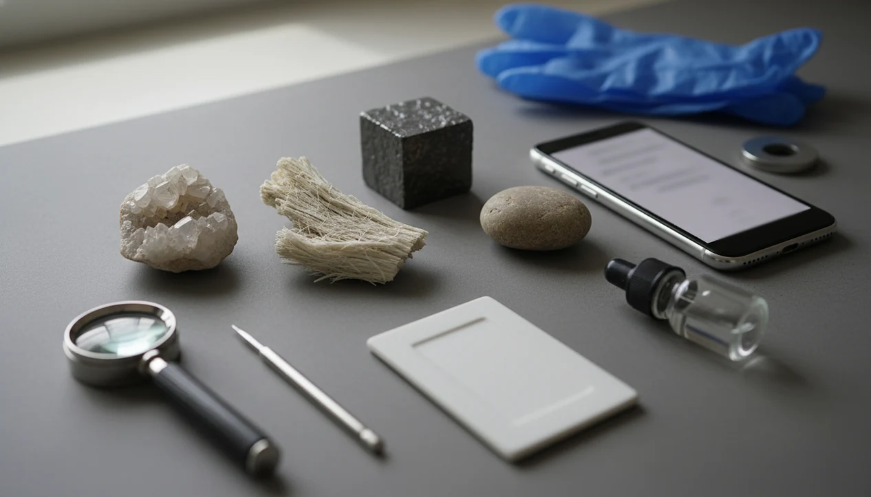 A geology workbench shows look-alike rocks beside testing tools and a blurred phone result.