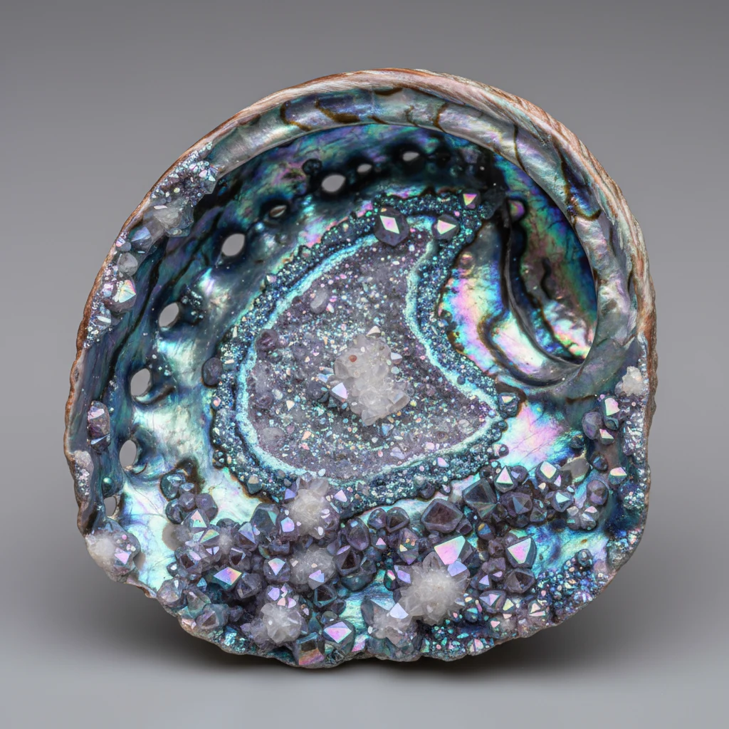 Iridescent Abalone Shell showing blue, green, and purple pearly nacre inside the shell