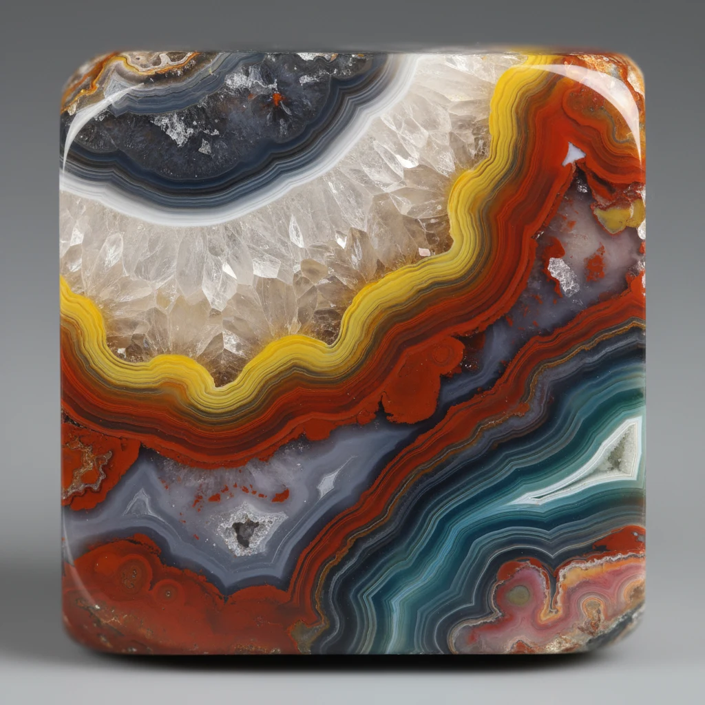Polished agate slice showing translucent chalcedony bands in white, gray, brown, orange, and red