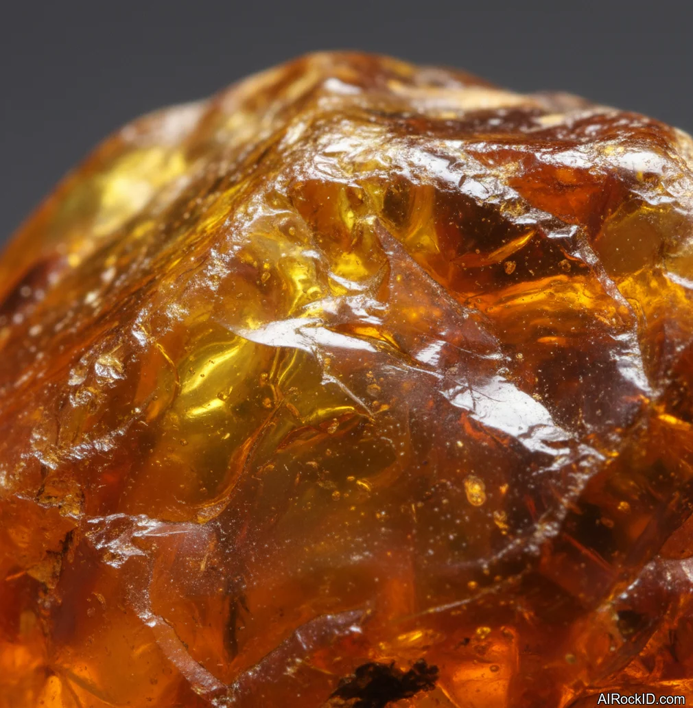 Close-up of polished honey-gold amber with internal bubbles and tiny plant debris in warm light