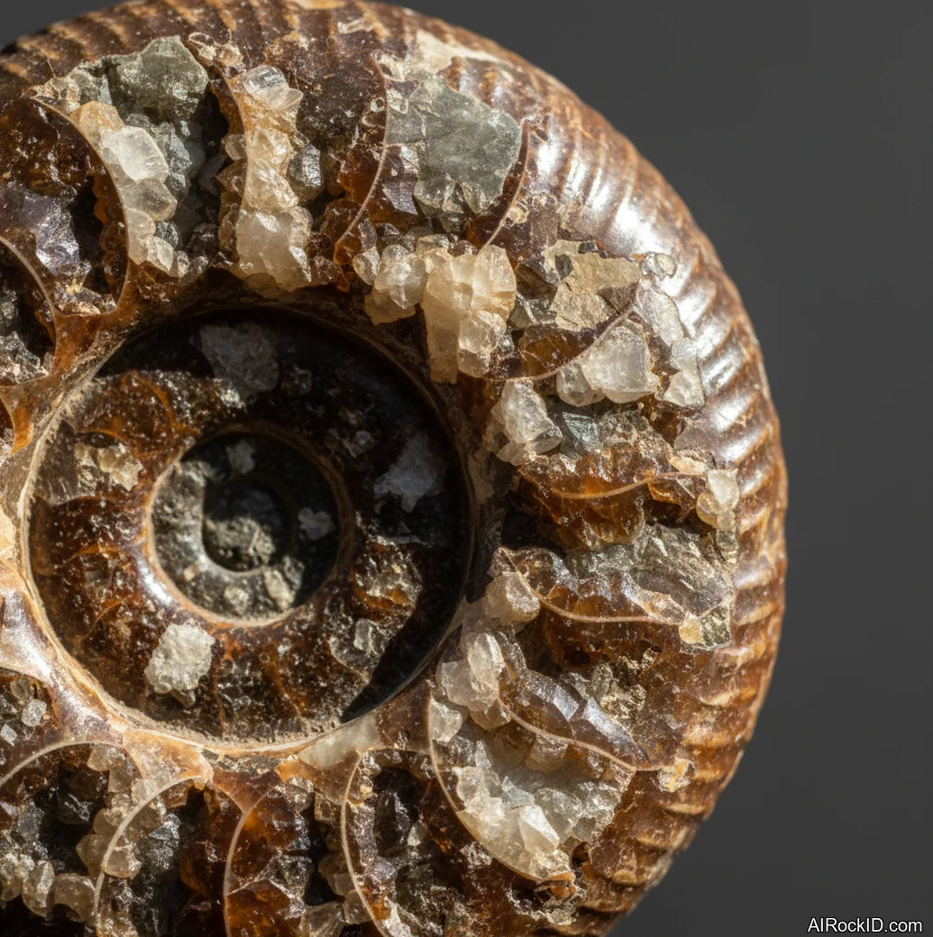 Close-up of a polished ammonite fossil showing a tight spiral, chamber lines, and brown to tan shell with subtle iridescent sheen