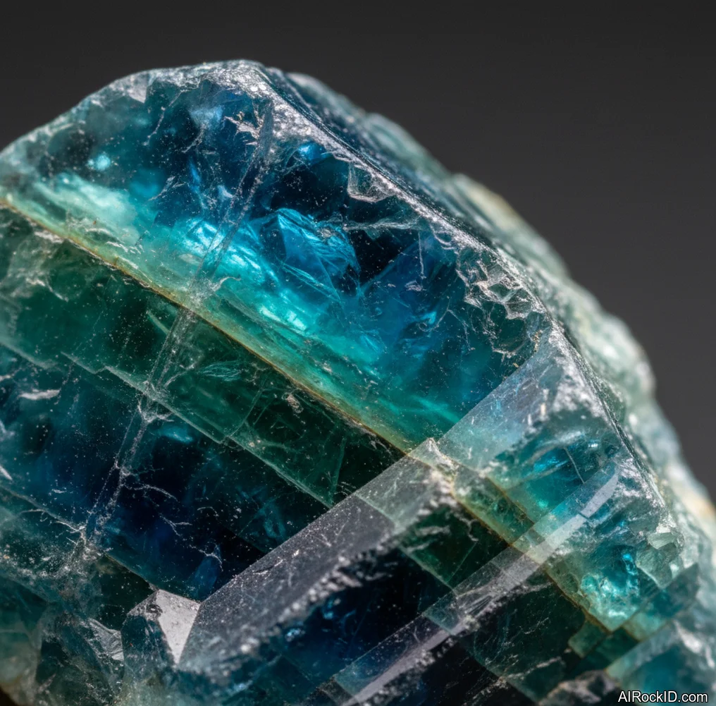 Close-up of blue apatite crystal with vitreous luster and hexagonal prismatic form on light matrix