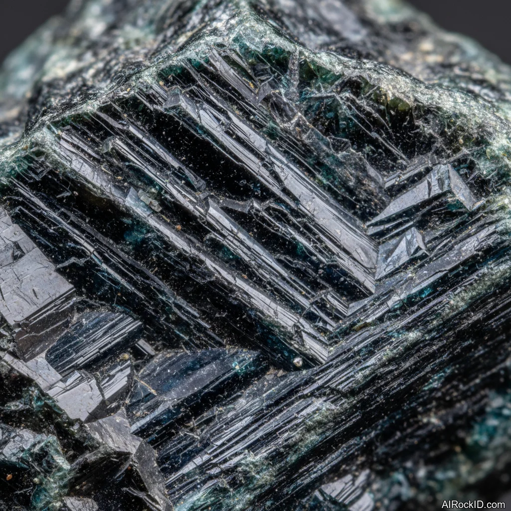 Close-up of polished arfvedsonite showing blue chatoyant flash on a dark blue-black surface