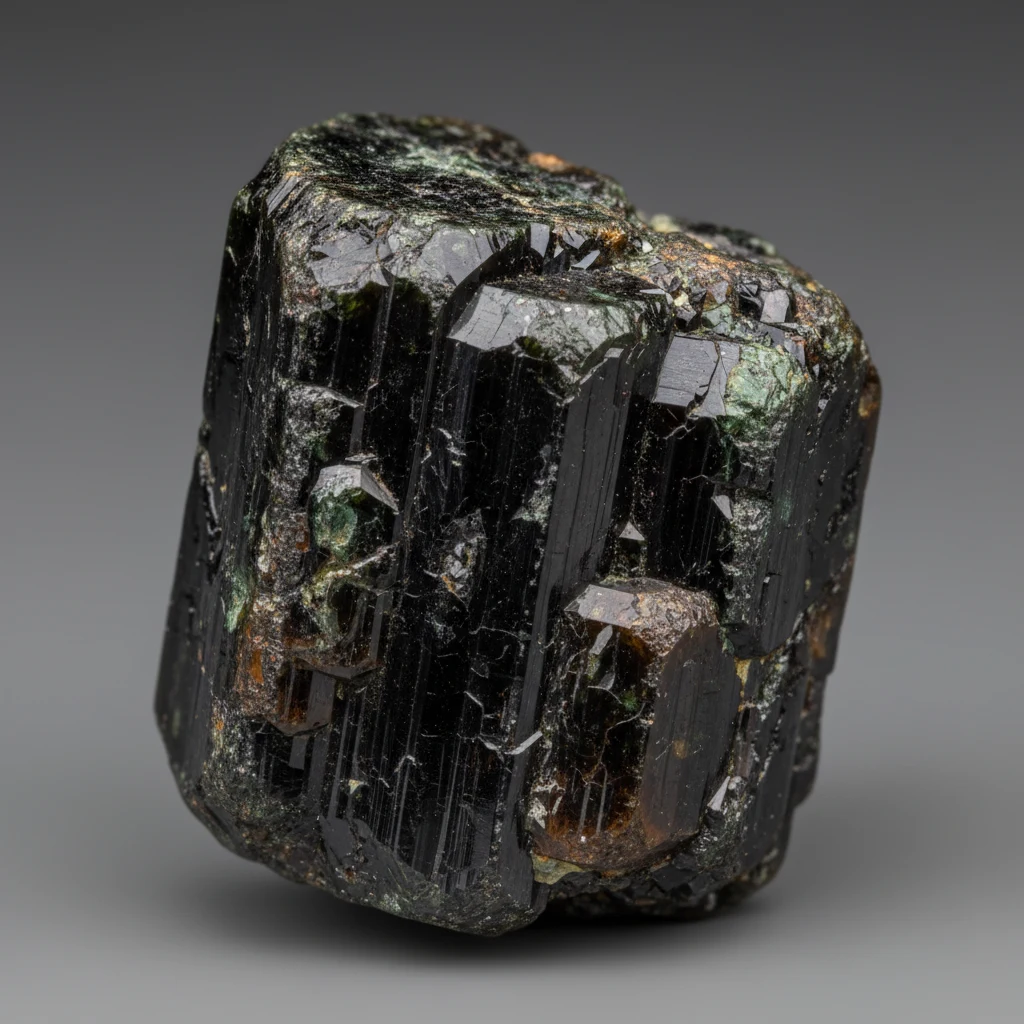 Dark greenish black augite crystals with blocky prismatic habit on volcanic rock matrix