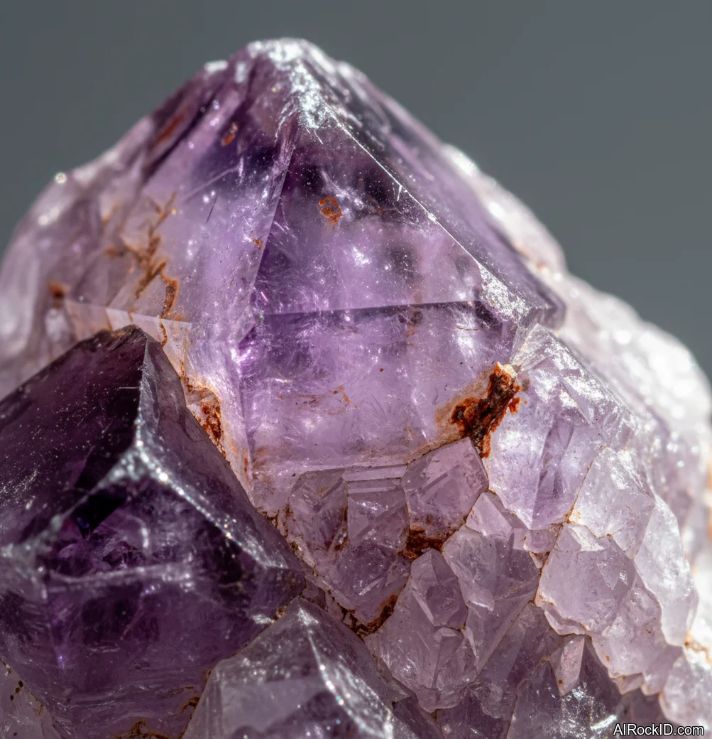 Close-up of polished Auralite 23 showing purple amethyst bands with reddish-brown hematite inclusions in quartz