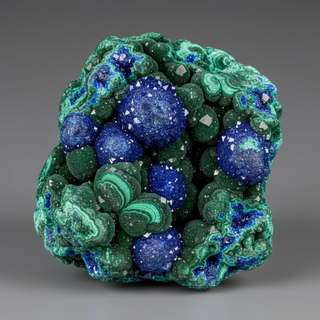 Blue azurite and green malachite intergrowth on natural copper-rich matrix