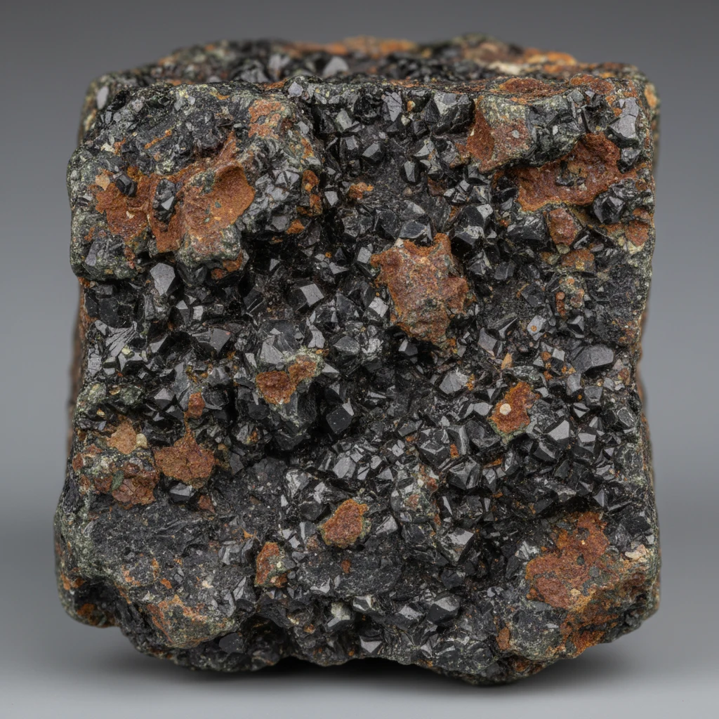 Dark gray vesicular basalt specimen with fine-grained volcanic texture and small gas-bubble cavities