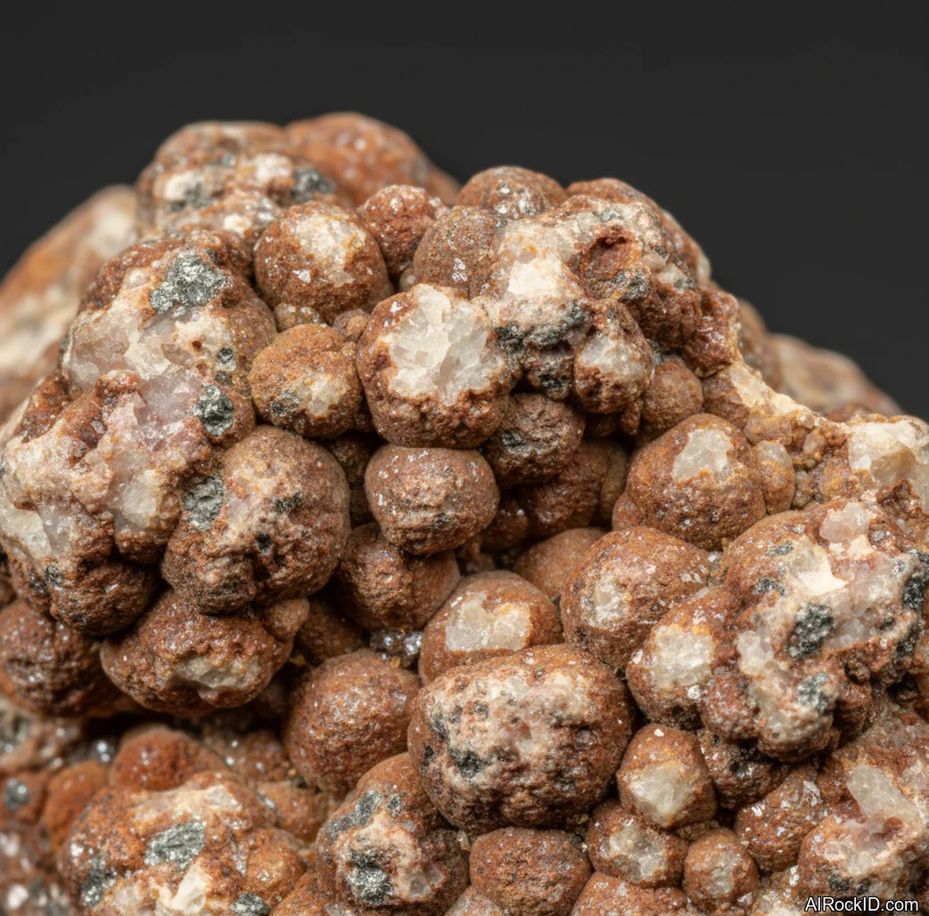 Close-up of earthy red-brown bauxite with pea-sized pisolitic texture and dull matte surface