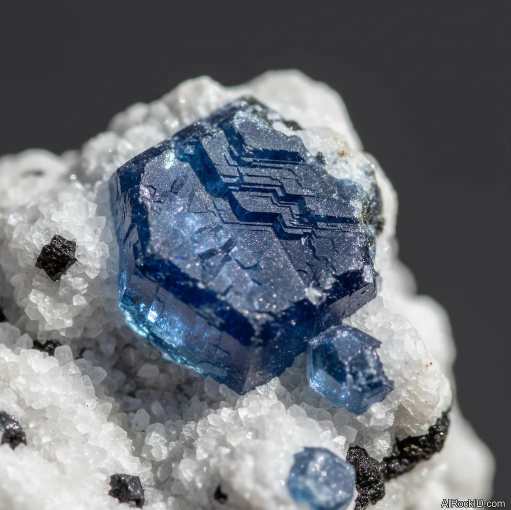 Close-up of a bright sapphire-blue benitoite crystal with sharp triangular faces on pale natrolite matrix