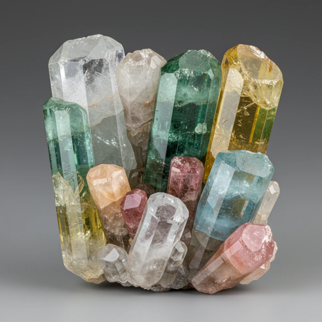 Hexagonal prismatic beryl crystal with vitreous luster on a mineral specimen