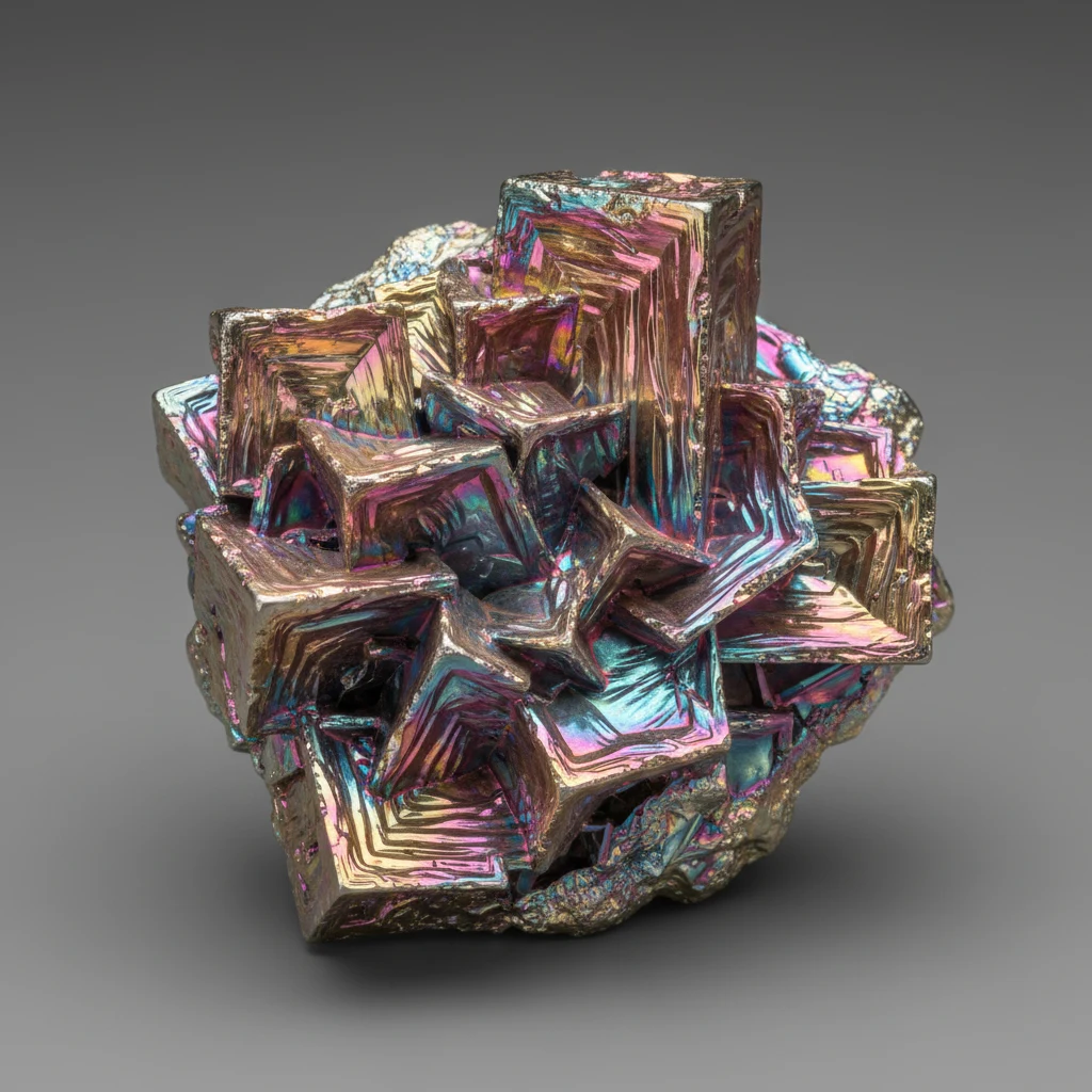 Iridescent Bismuth crystal with metallic stair-step growth in pink, blue, yellow, and silver tones