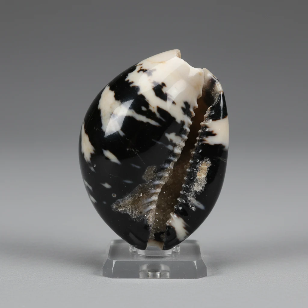 Smooth glossy Black and White Cowrie Shell with bold black and white patterned surface