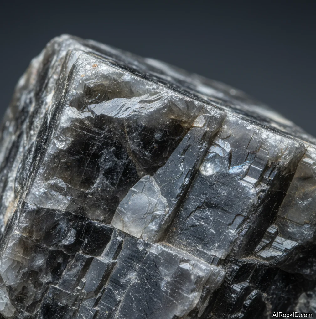 Close-up of a polished Black Moonstone showing a dark gray body color with soft silvery sheen and subtle adularescence