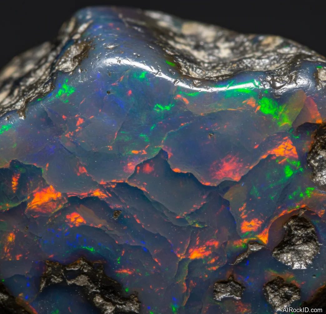 Close-up of polished black opal showing blue-green-red play-of-color on a dark body tone