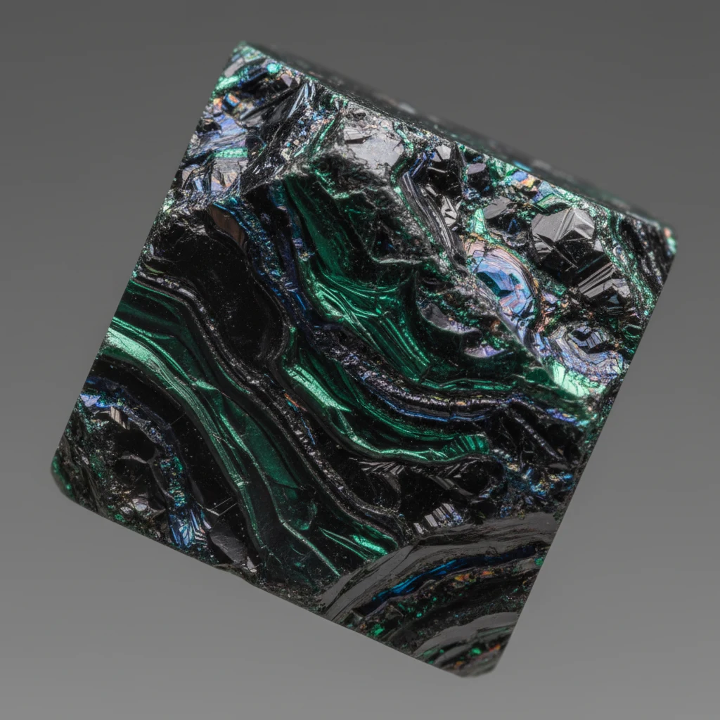 Lustrous black pearl with green and blue iridescent overtones on a dark background
