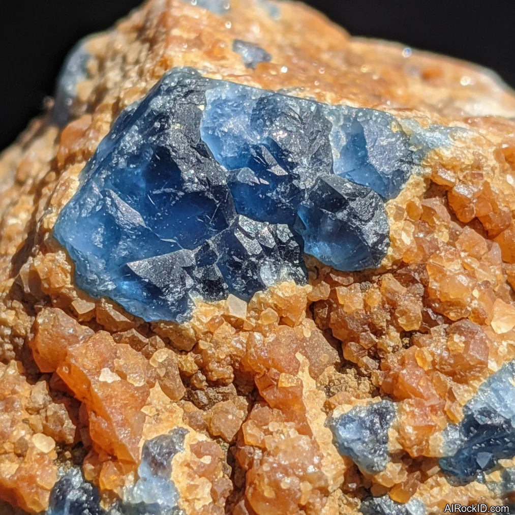 Blue Apatite In Orange Calcite