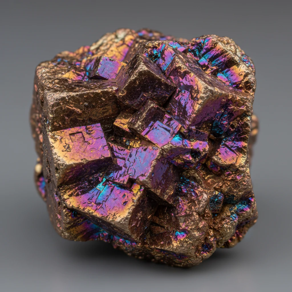 Metallic bornite specimen with bronze-brown surfaces and iridescent purple, blue, and magenta tarnish