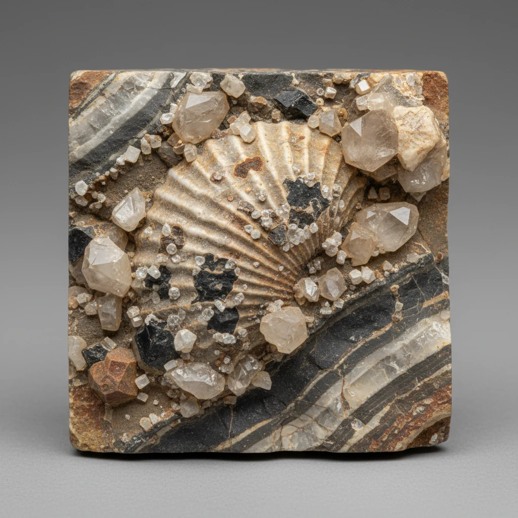 Gray tan brachiopod fossil shell with radiating ribs in limestone matrix