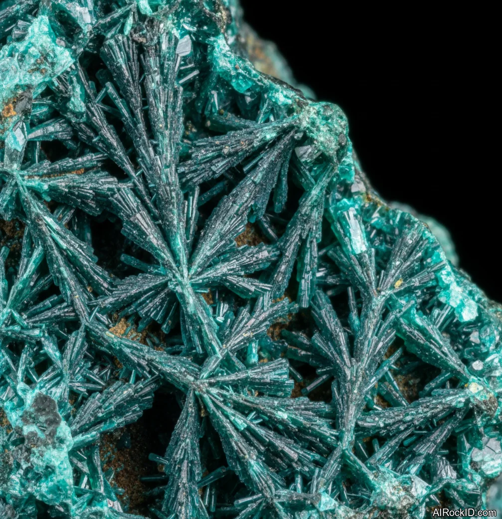 Close-up of emerald-green brochantite needles and crust on brown limonite matrix with silky to vitreous sheen