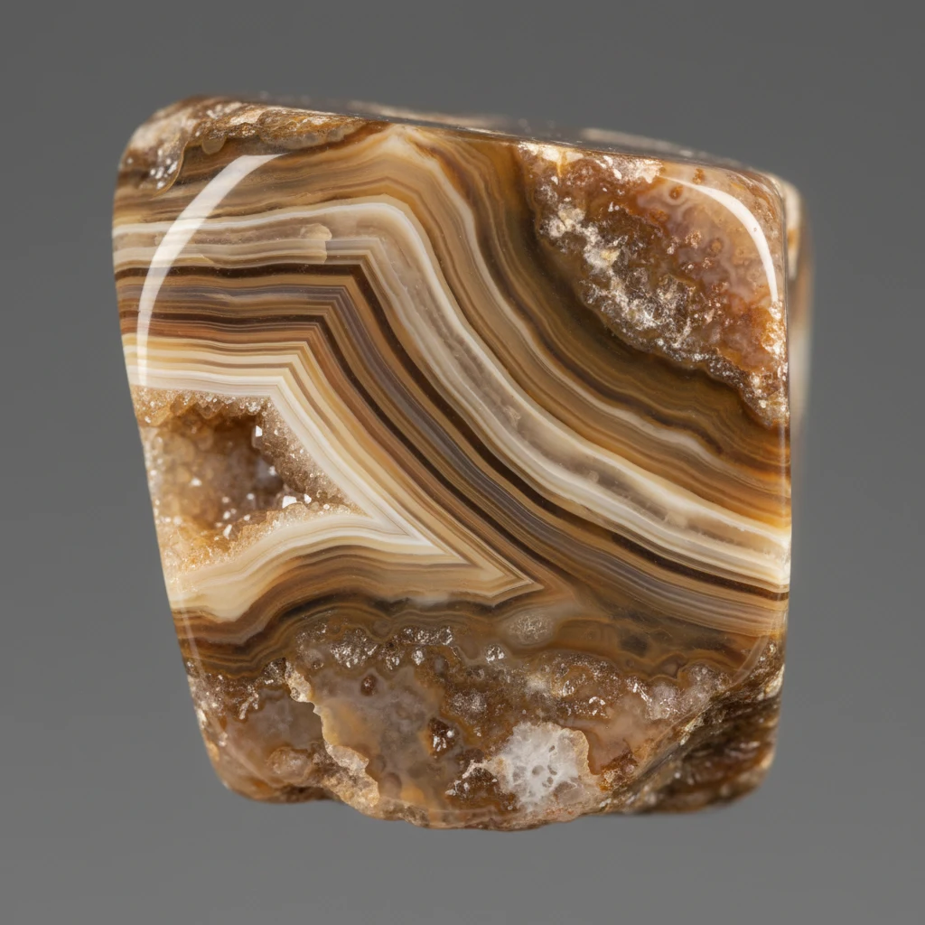Polished Brown Agate showing brown, tan, and white banded chalcedony layers