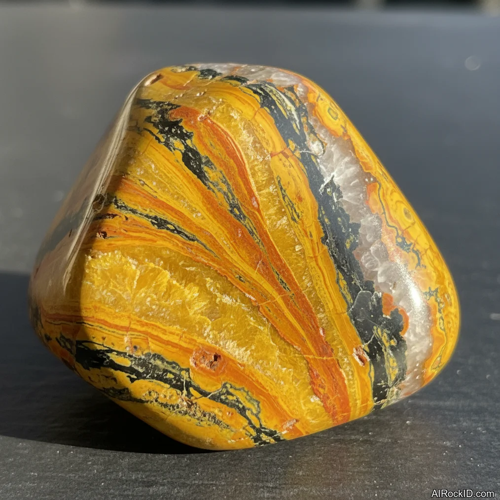 Close-up of polished Bumblebee Jasper with mustard-yellow, orange, and black bands and gray-white calcite patches