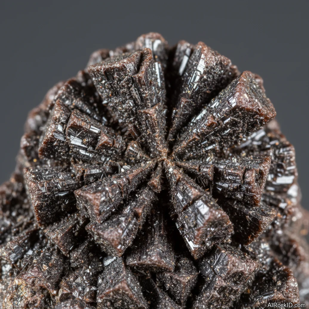 Close-up of dark brown to black cassiterite crystals with bright adamantine luster on pale matrix