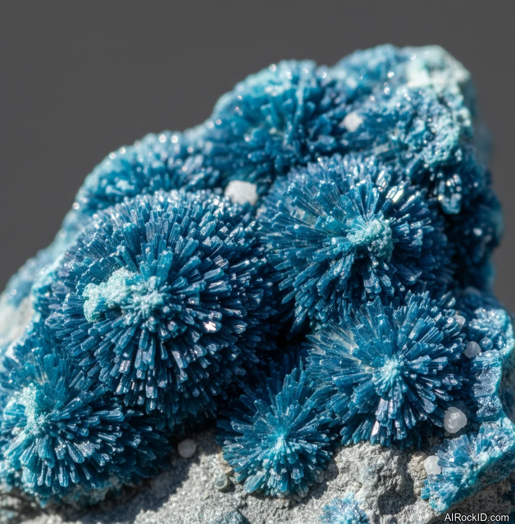 Close-up of electric-blue cavansite crystals clustered on a white stilbite matrix