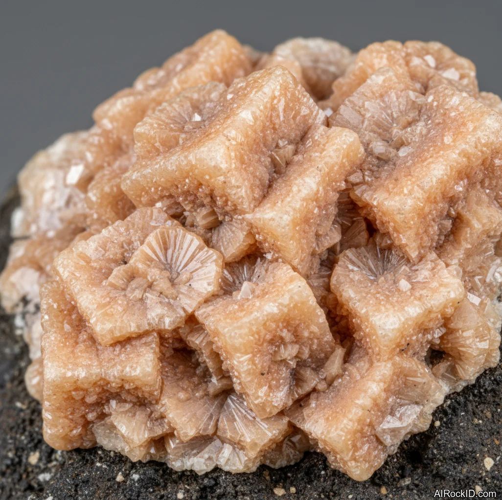 Close-up of pale peach chabazite rhombohedral crystals on dark basalt matrix with a glassy luster