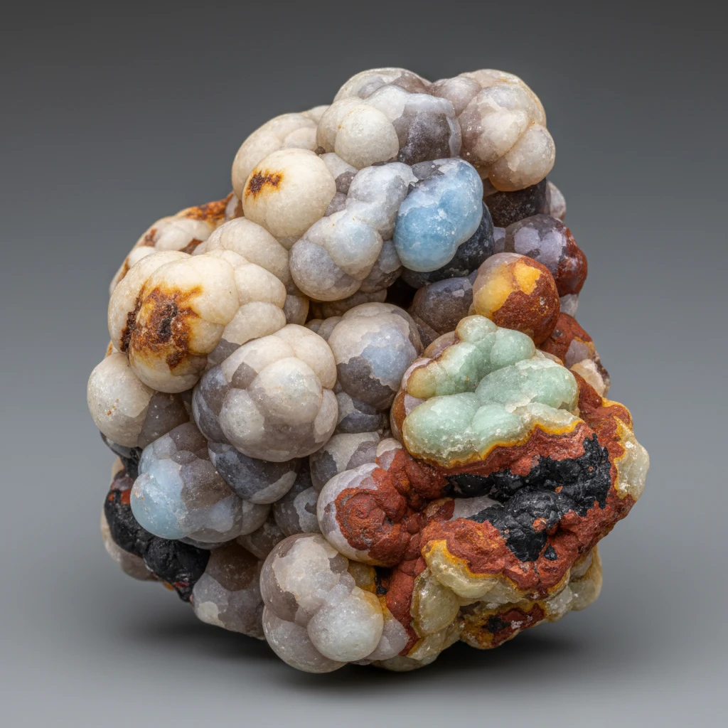 Polished multicolored chalcedony showing waxy luster, fine texture, and translucent to opaque areas