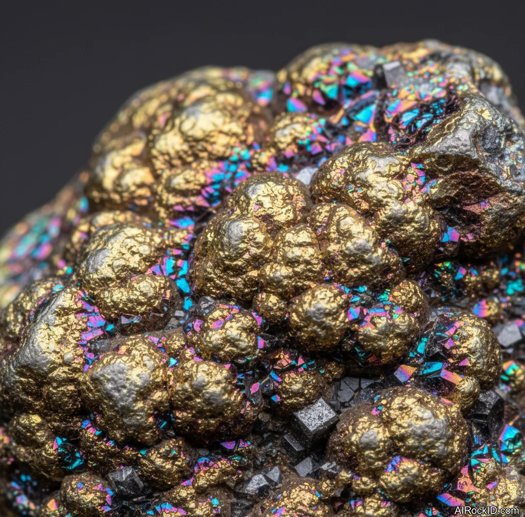 Close-up of brassy metallic chalcopyrite crystals with rainbow tarnish on a dark rock matrix