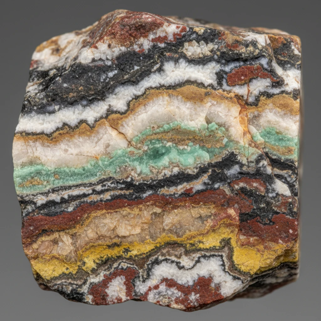 Fine-grained gray and brown chert rock with waxy broken surfaces and sharp conchoidal edges