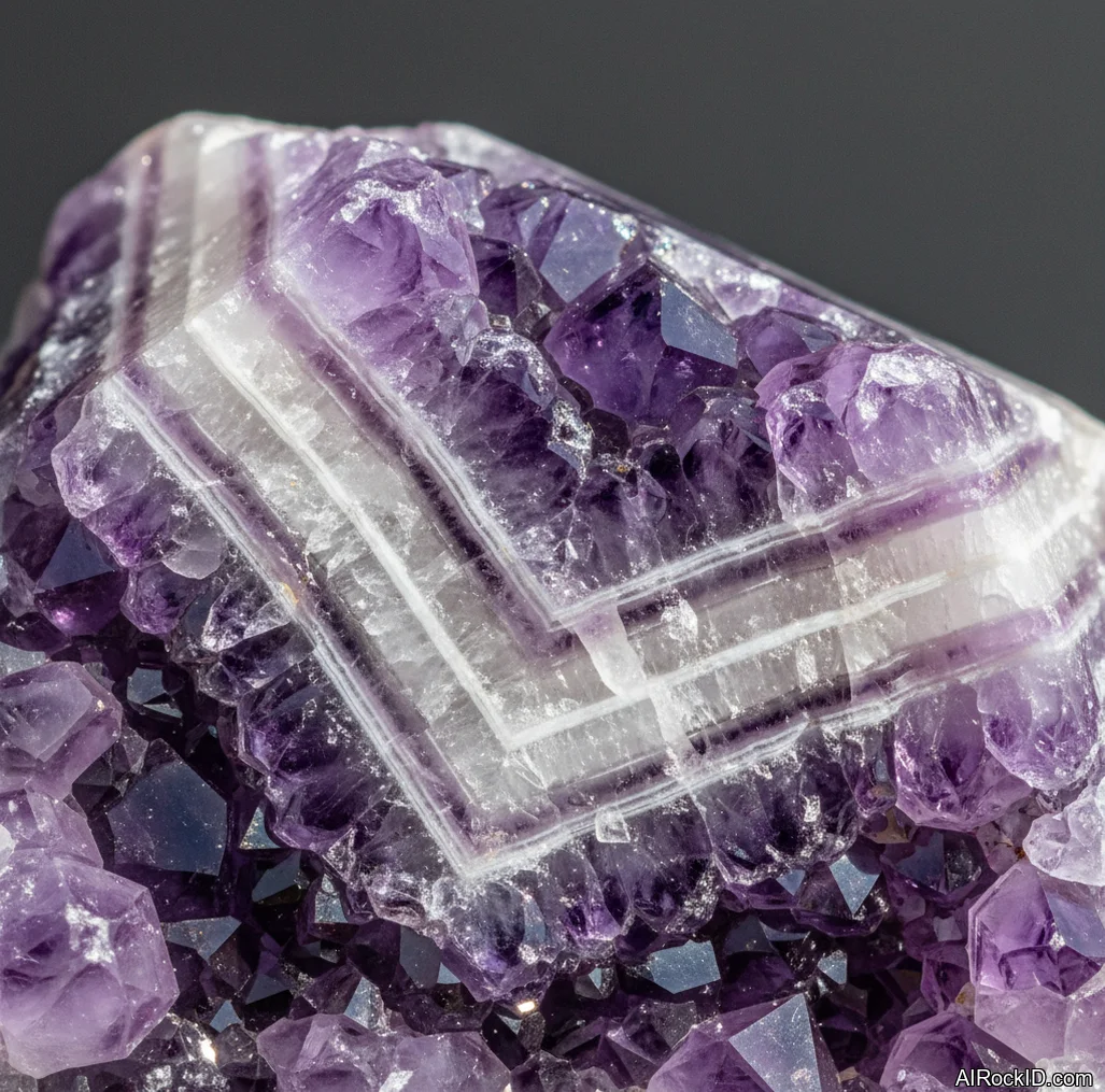 Close-up of chevron amethyst showing sharp purple V-bands alternating with milky white quartz in a polished slice