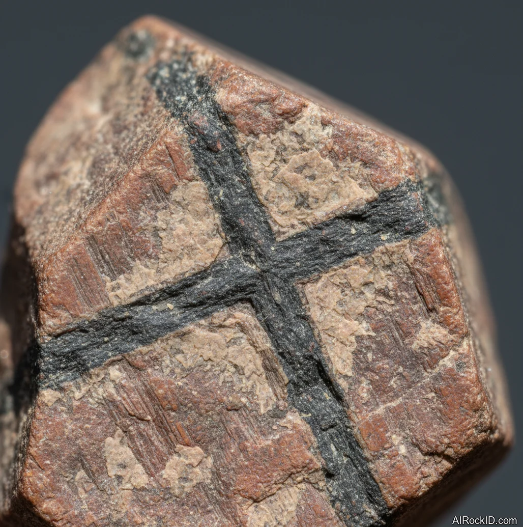Close-up of a polished chiastolite slice showing the natural dark cross pattern in tan and brown andalusite