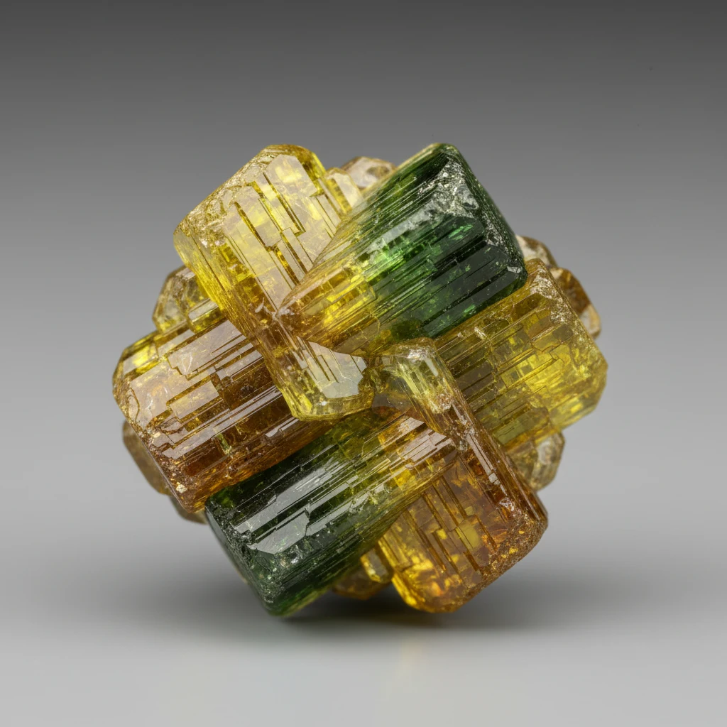 Golden yellow chrysoberyl gemstone with bright vitreous luster on a neutral background
