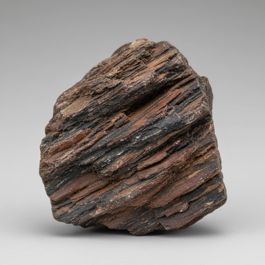 Dark brown fibrous coconut shell specimen with dull to slightly glossy surface