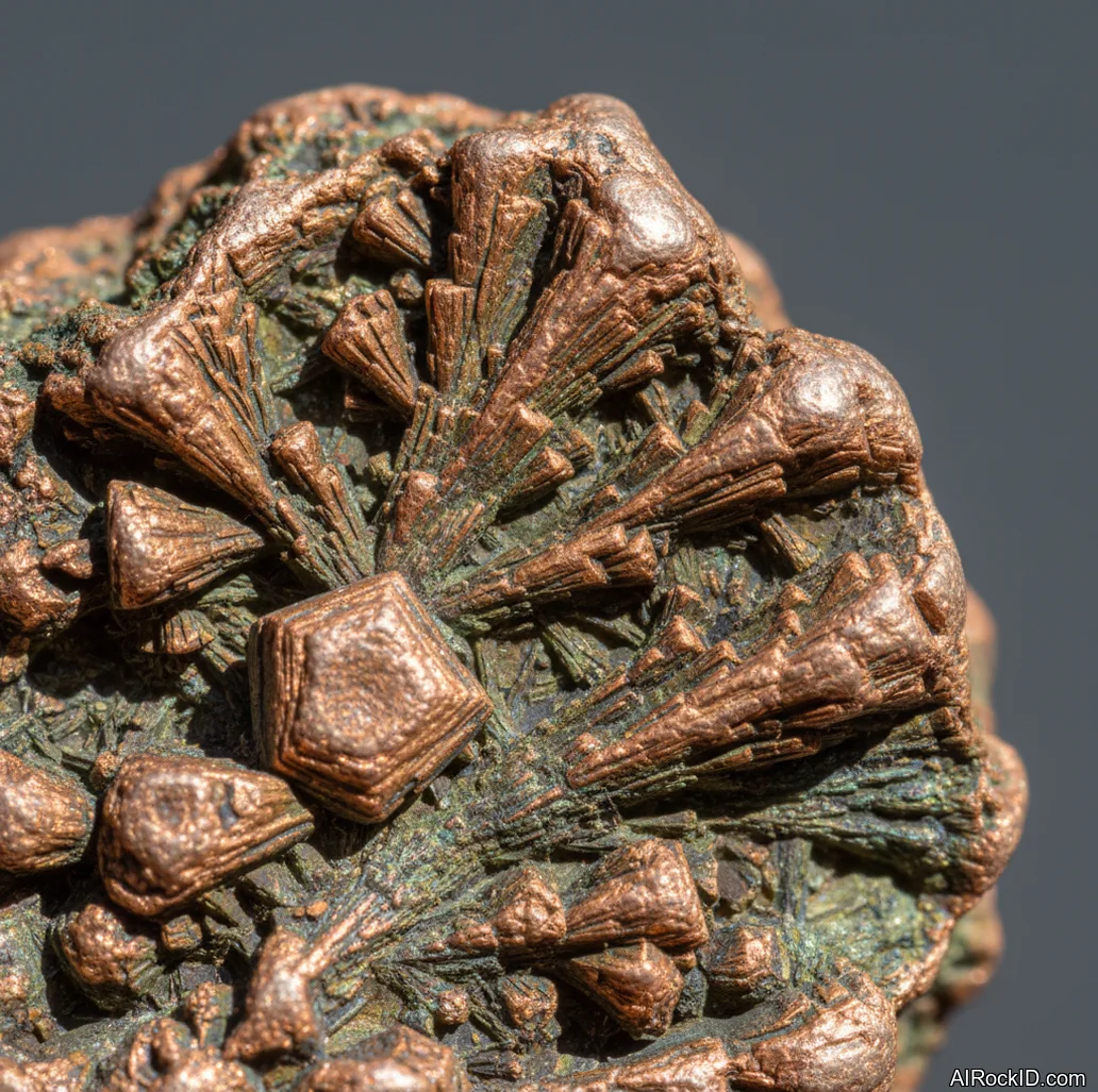 Close-up of native copper with metallic luster and reddish-orange tones, showing irregular hackly surfaces and slight green oxidation spots