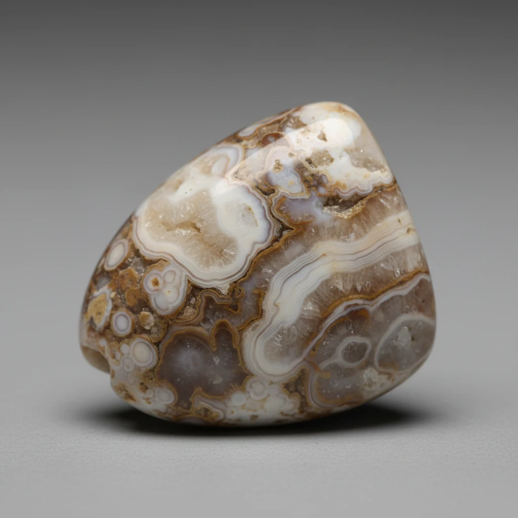 Glossy oval cowrie shell with cream and brown patterning and a ridged underside