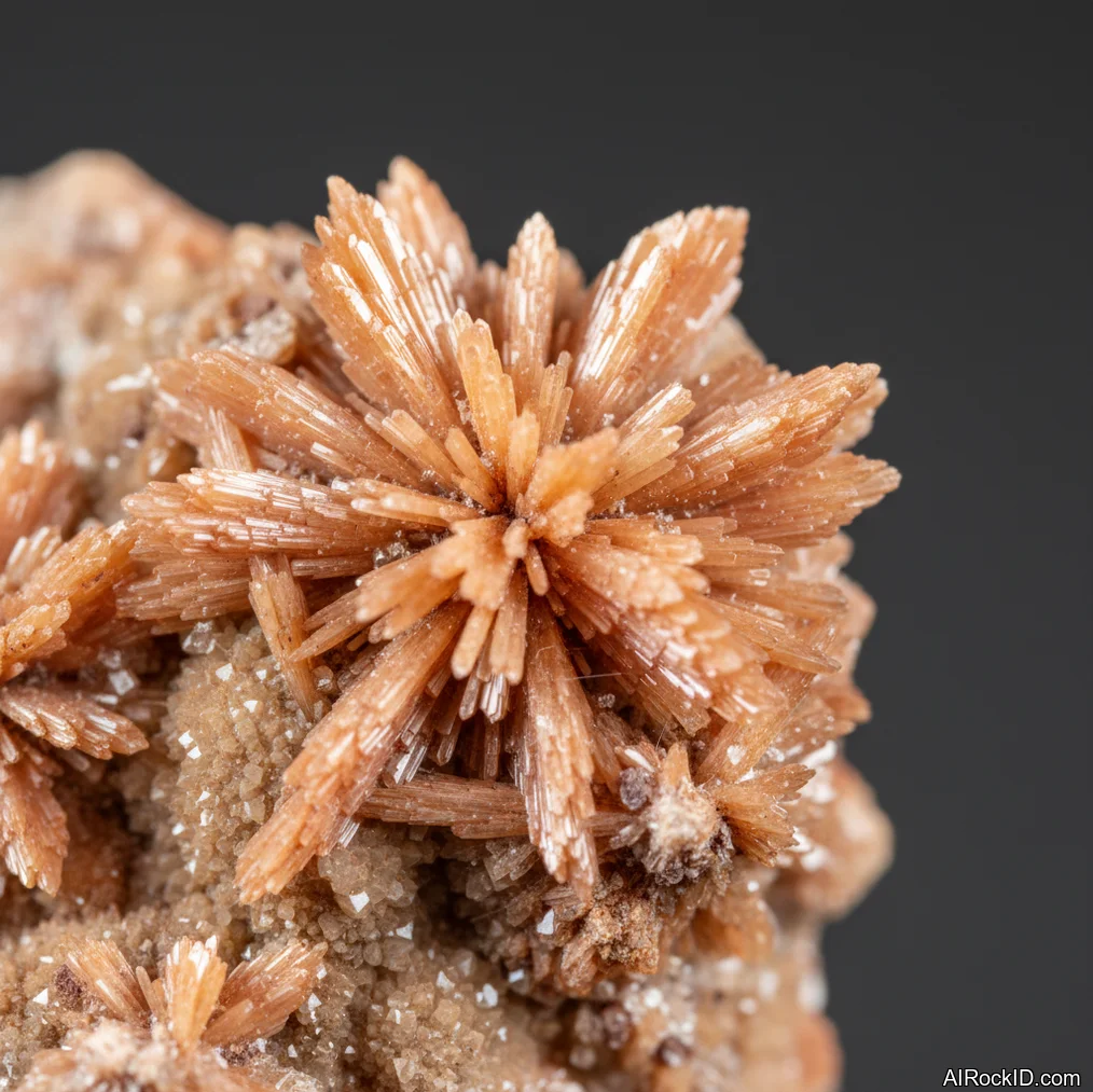 Close-up of peach-orange creedite crystal sprays with glassy luster on pale matrix