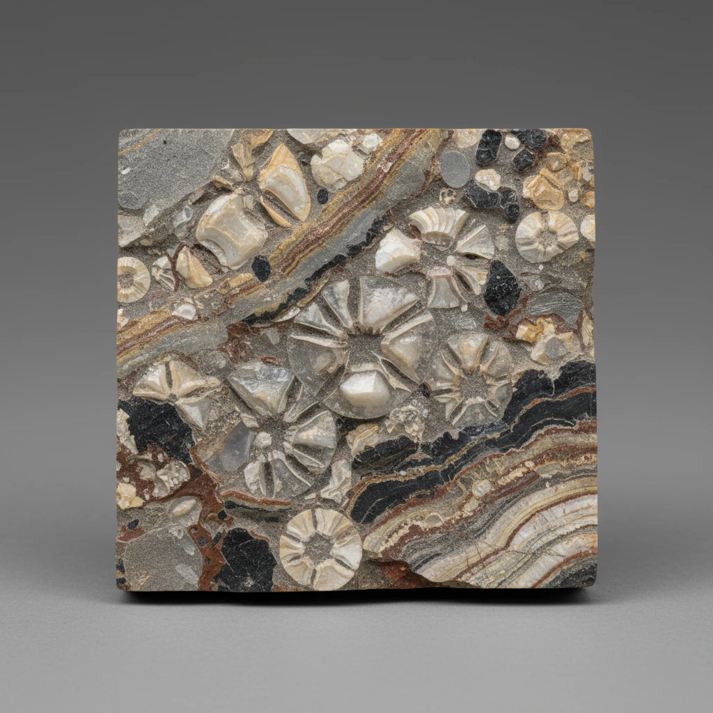 Crinoid fossil stem segments in gray tan limestone showing circular bead-like columnals with central holes