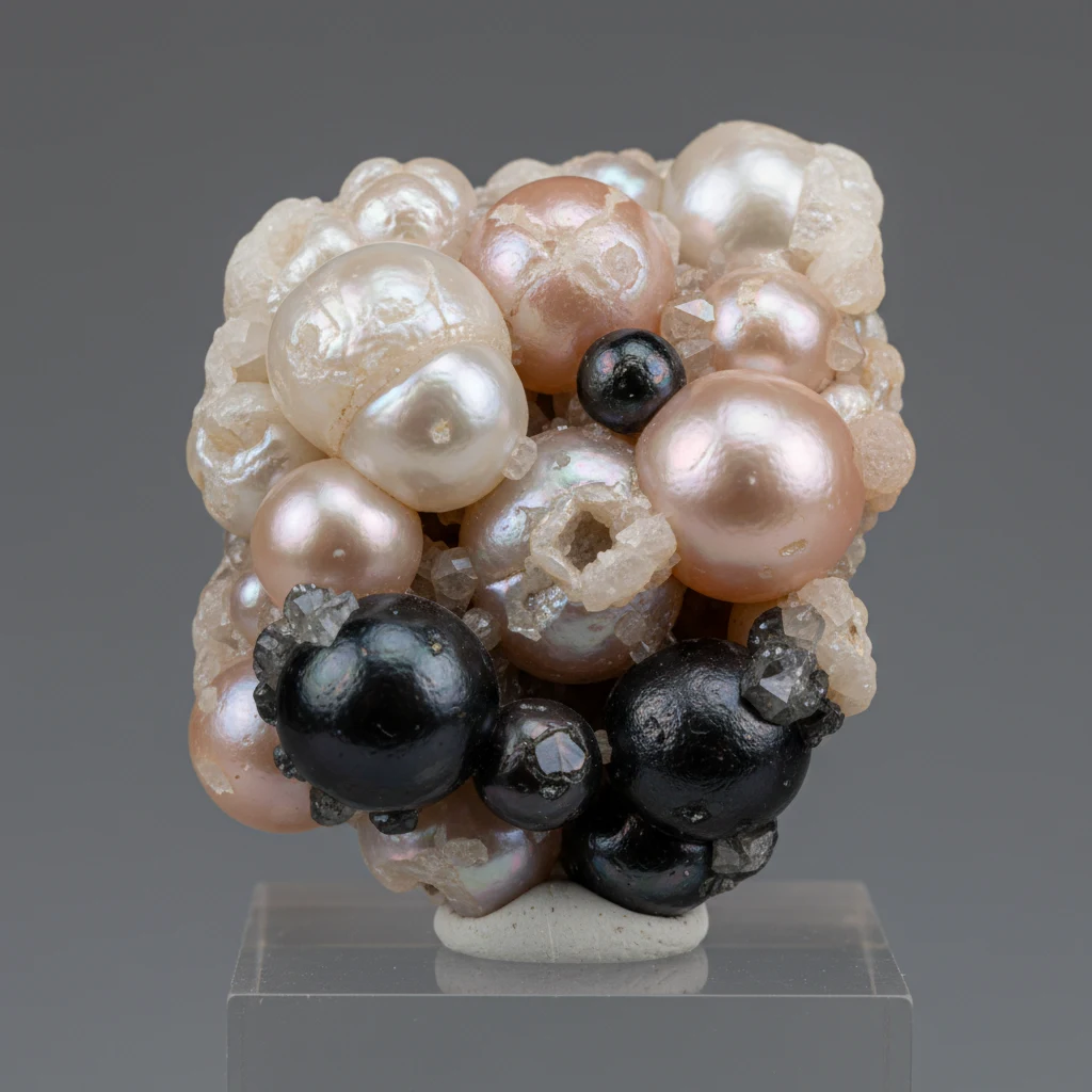 Smooth lustrous cultured pearls in white, pink, and black tones with pearly surface sheen