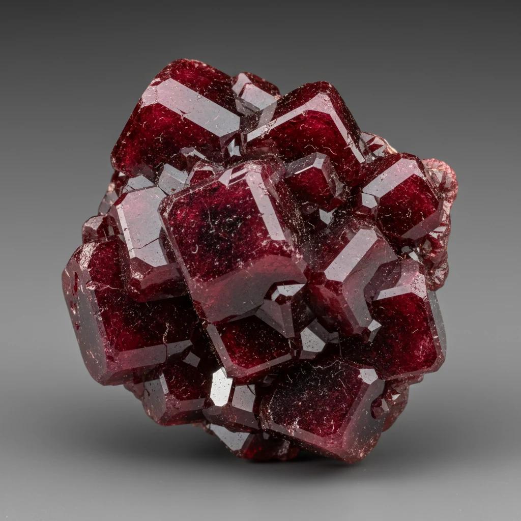 Deep red to reddish brown cuprite crystals with high luster on a copper mineral matrix