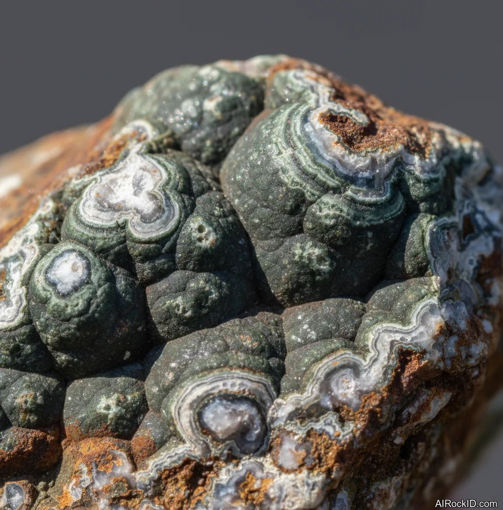 Polished dallasite slab showing green epidote swirls, pink feldspar patches, white quartz, and dark basalt matrix