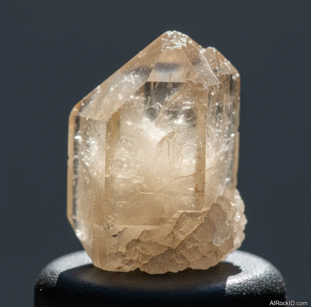 Close-up of a transparent danburite crystal showing glassy luster and sharp termination faces